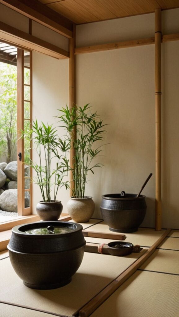 traditional japanese bathroom designs wooden buckets and ladles
