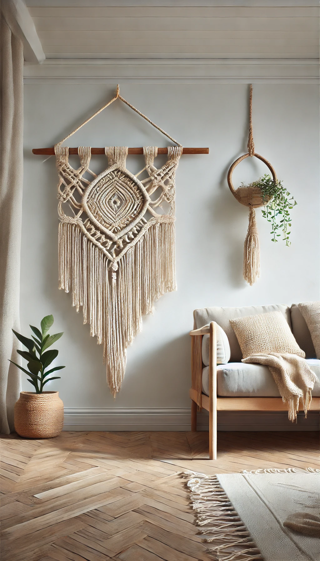 A beautifully crafted DIY macramé wall hanging displayed in a bright, natural, and realistic interior design setting