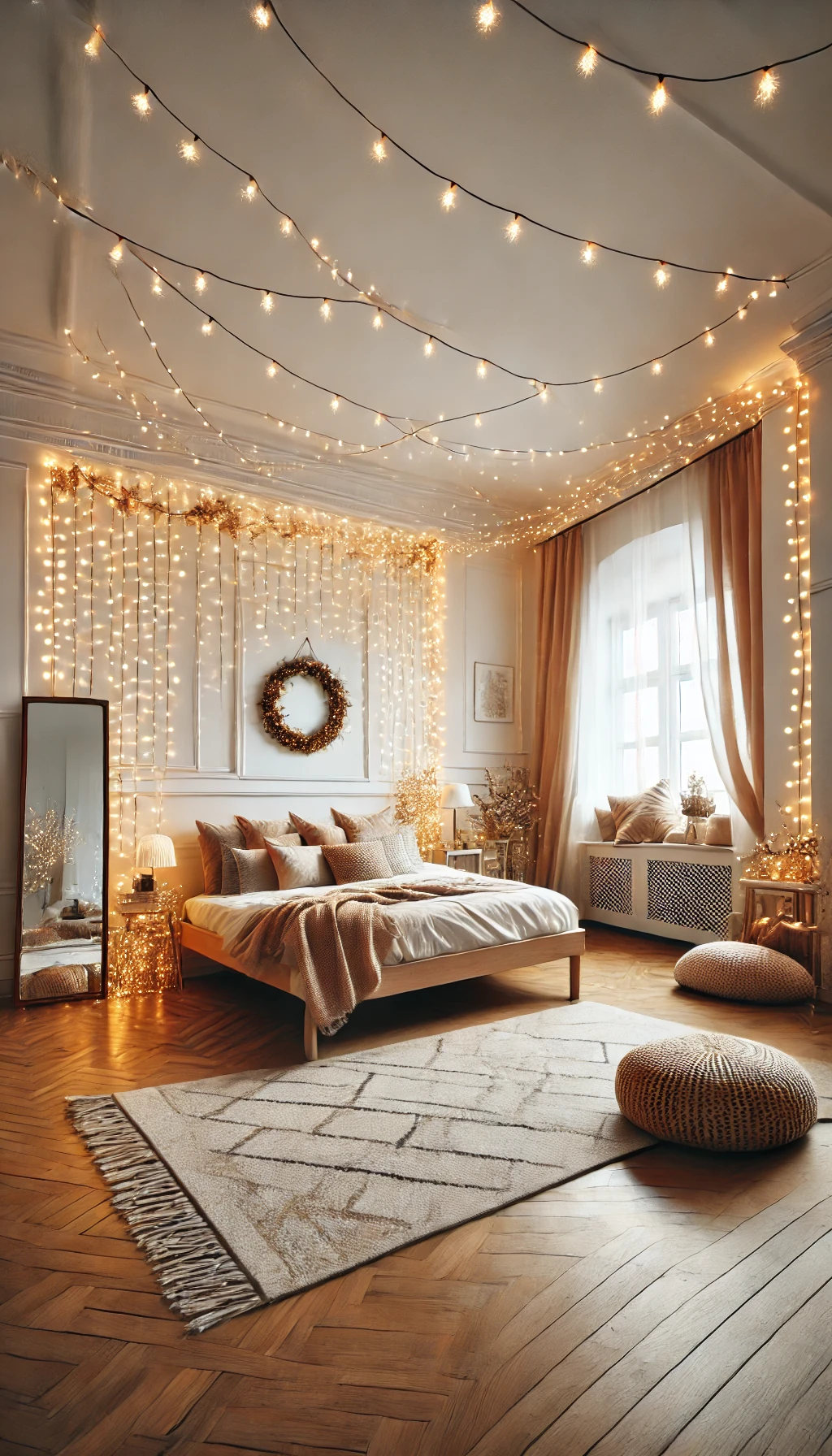 A beautifully decorated room featuring a fairy light display