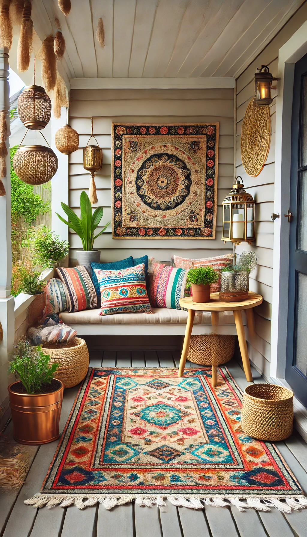 A beautifully decorated small front porch featuring an outdoor rug with intricate patterns, a wooden side table with a potted plant, woven baskets
