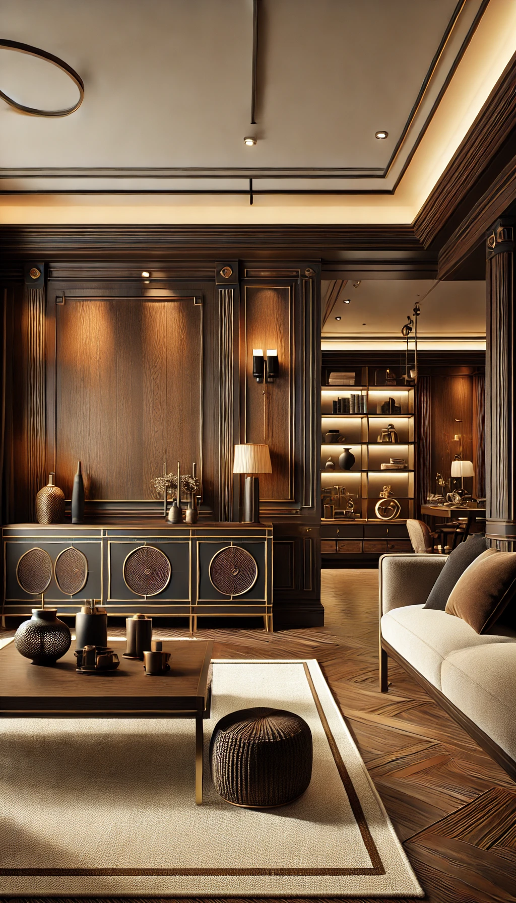 A beautifully designed interior space featuring dark wood accents