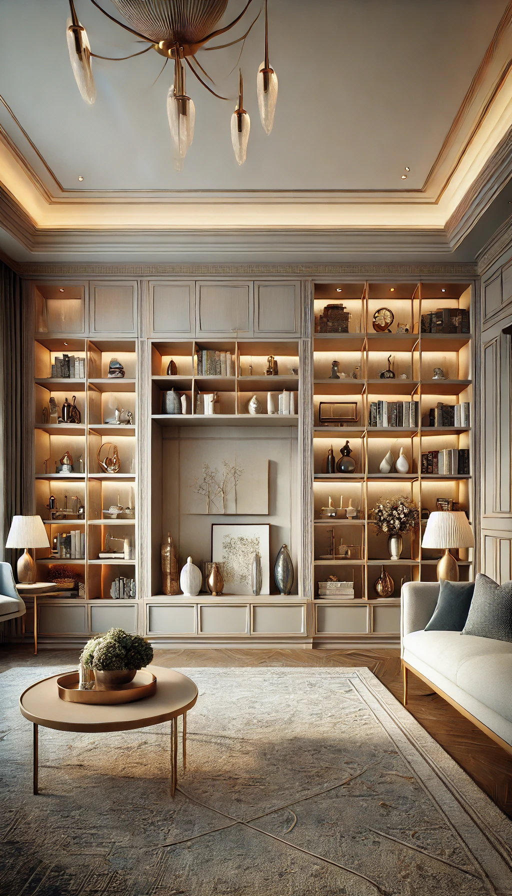 A beautifully designed living space featuring custom built-in shelves and cabinets