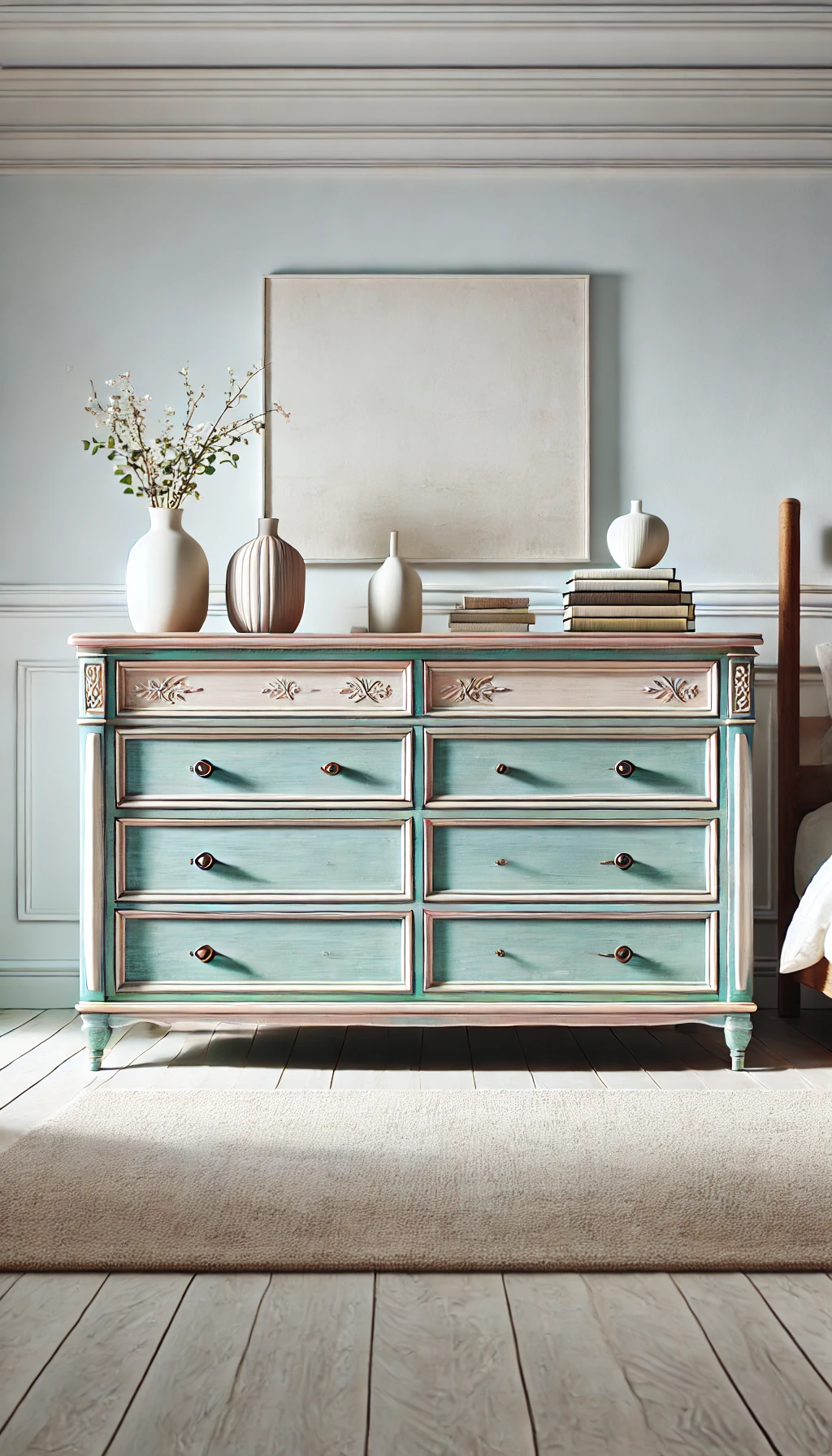 A beautifully revamped old wooden dresser with a fresh coat of pastel paint, elegant new handles, and a smooth polished finish