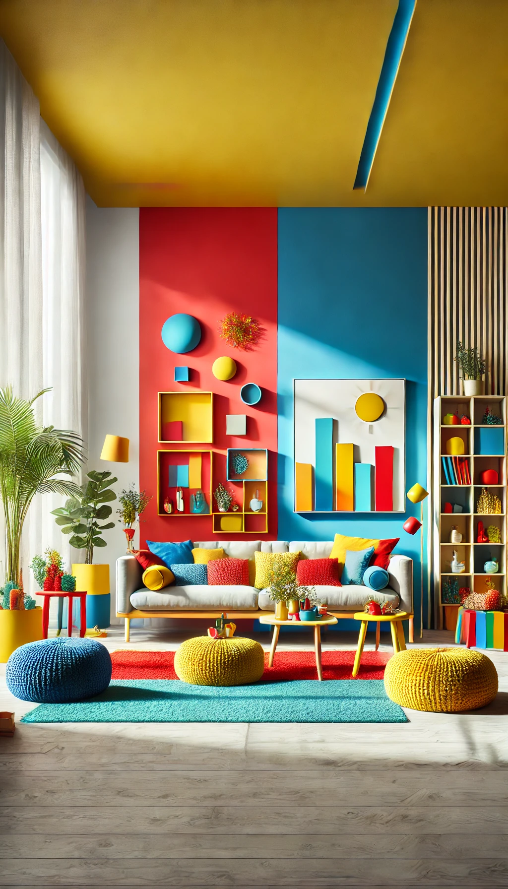 A bright and modern DIY home decor setup featuring a room with bold primary colors