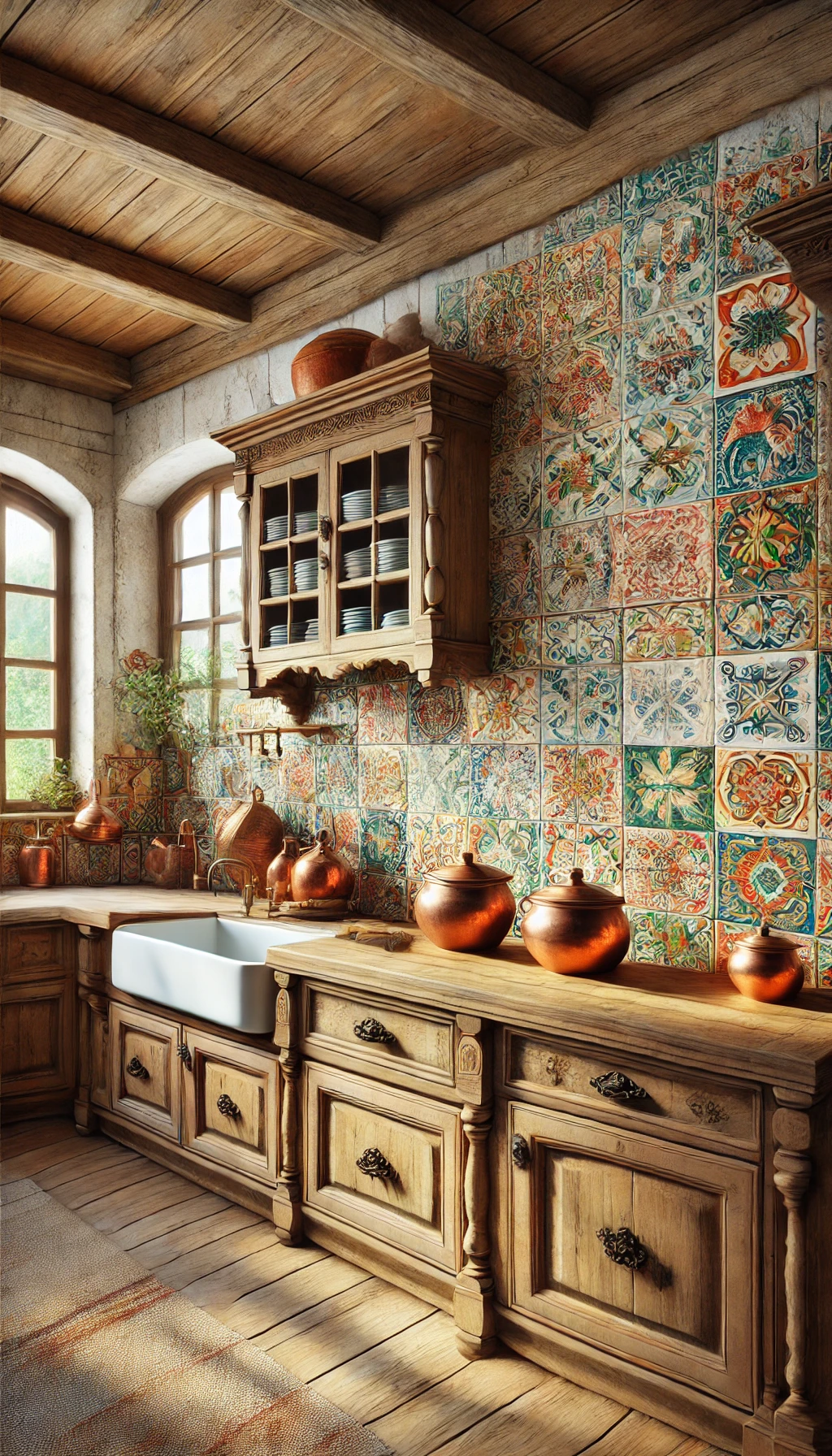 rustic European kitchen featuring a hand-painted tile backsplash