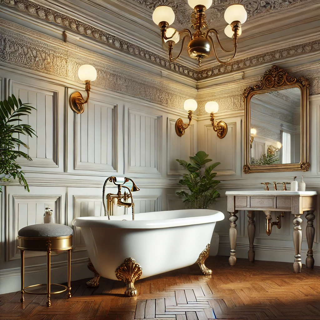A classic traditional bathroom featuring a clawfoot bathtub, pedestal sink, and brass-accented fixtures