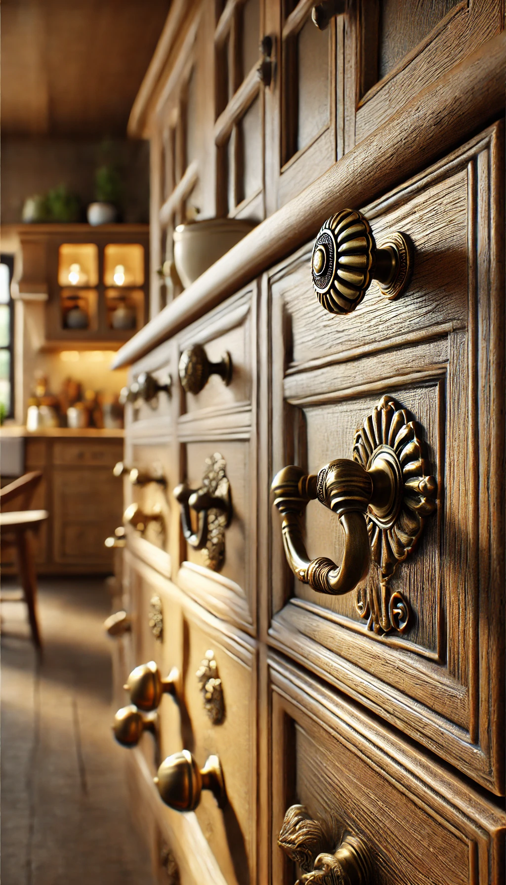 A close-up view of a rustic European kitchen focusing on antique-inspired hardware