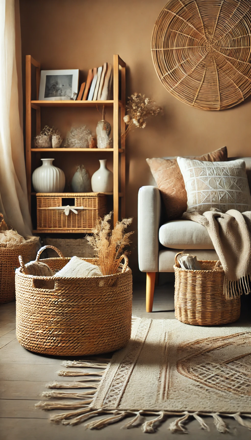 A cozy living space with a DIY handmade woven basket for storage