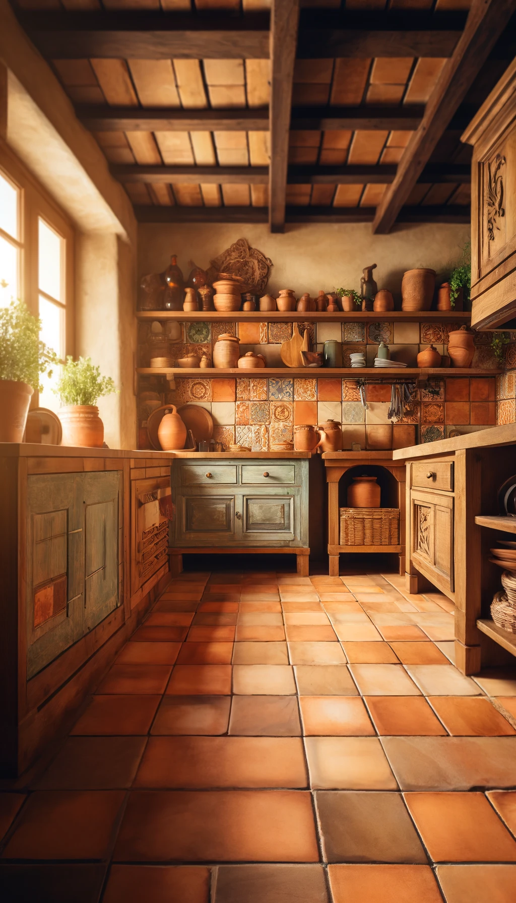 A cozy rustic European kitchen featuring terracotta tiles on the floor and backsplash