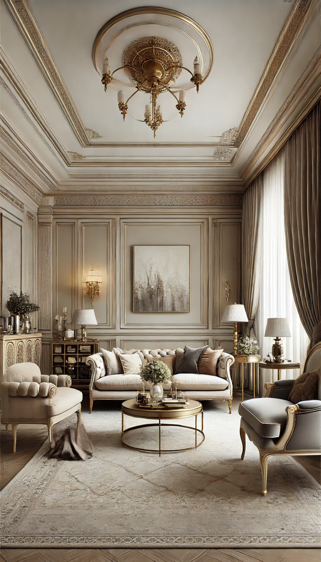 A luxurious living room featuring a classic neutral color palette