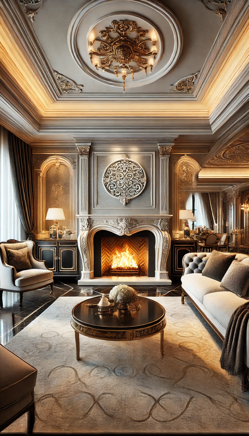 A luxurious living room featuring a grand fireplace as the focal point