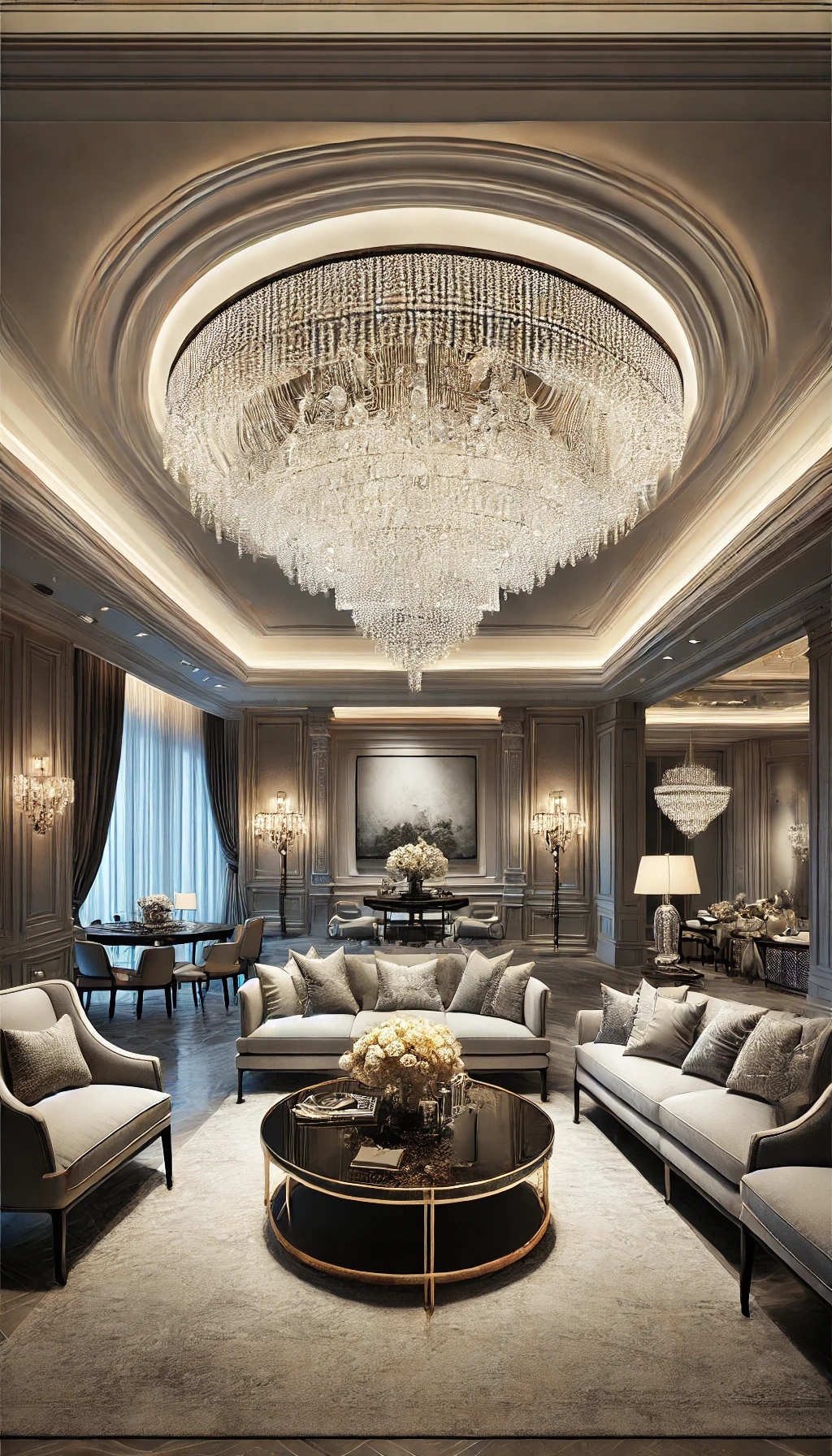 A luxurious living room featuring a grand statement chandelier