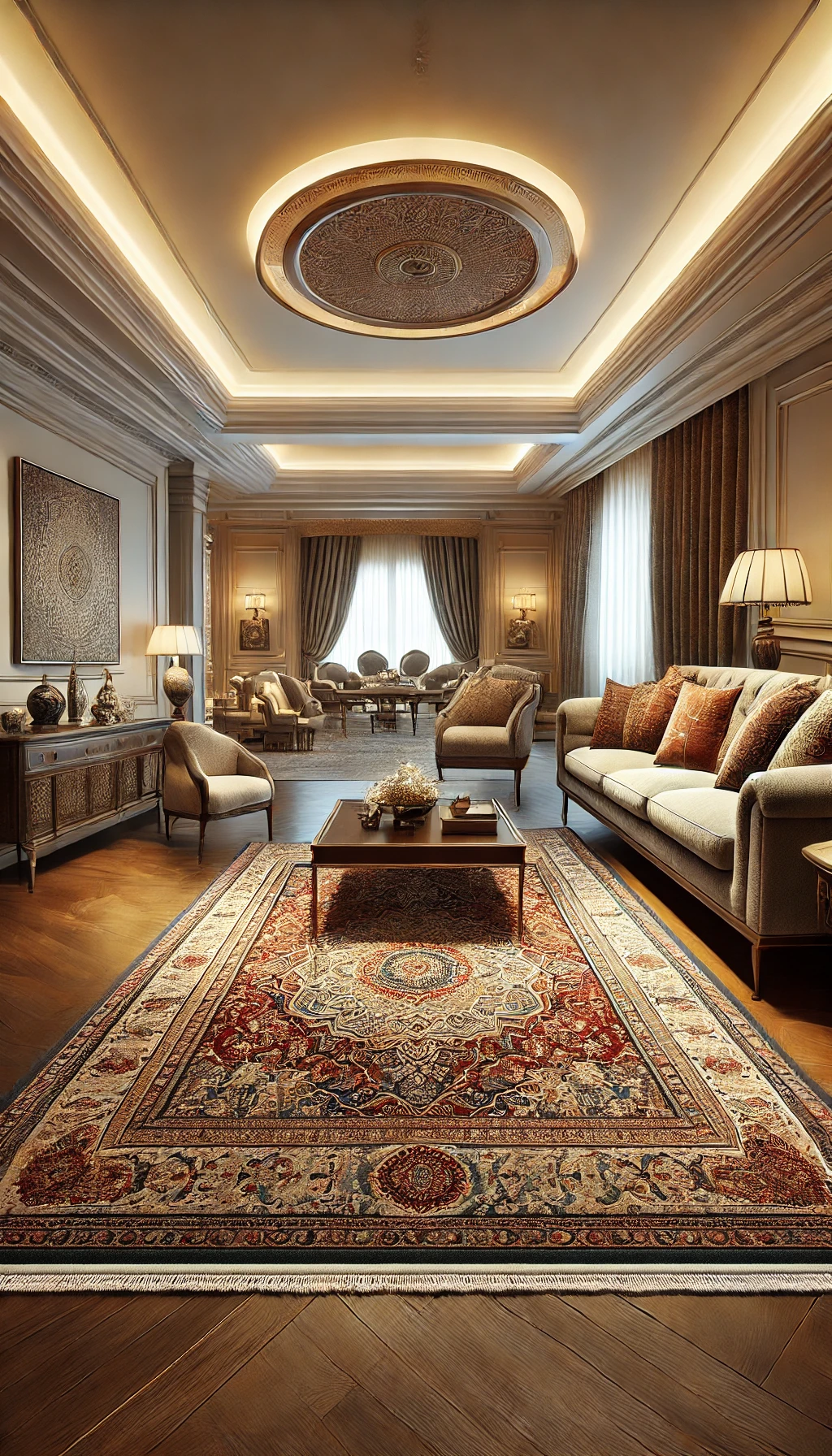 A luxurious living room featuring a high-quality Persian or handwoven wool rug