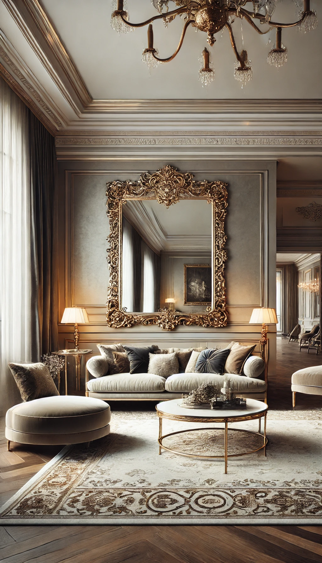 A luxurious living room featuring a large, elegant mirror as the focal point