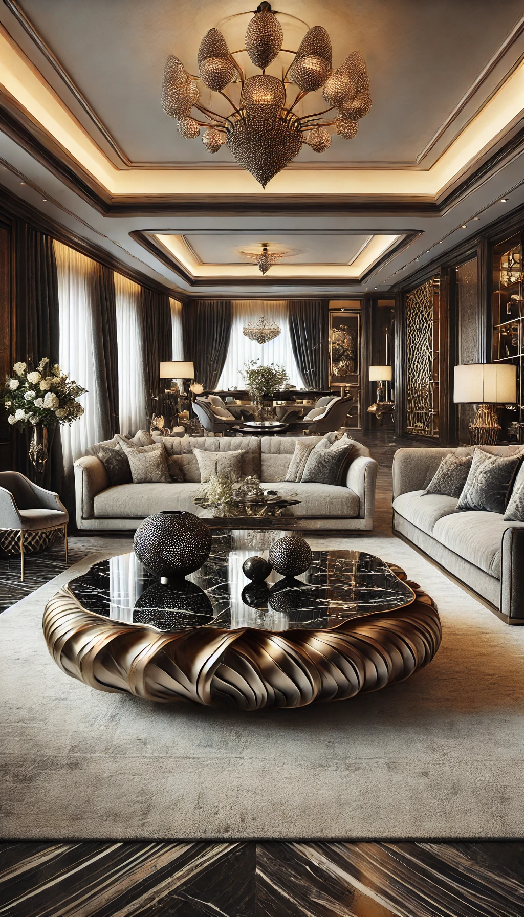 A luxurious living room featuring a statement coffee table as the focal point