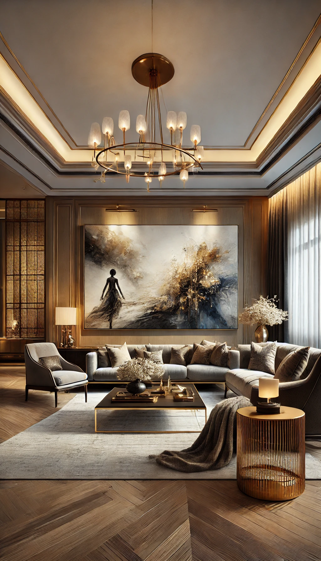 A luxurious living room featuring a striking statement art piece