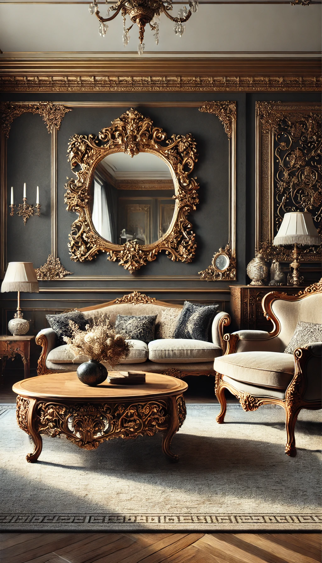 A luxurious living room featuring antique or vintage pieces