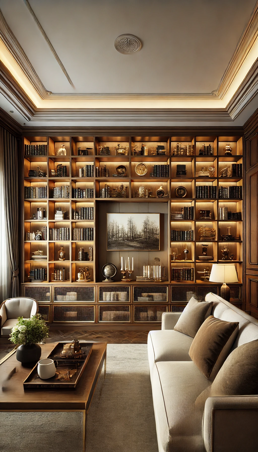 A luxurious living room featuring built-in bookshelves filled with carefully arranged books and elegant decor pieces