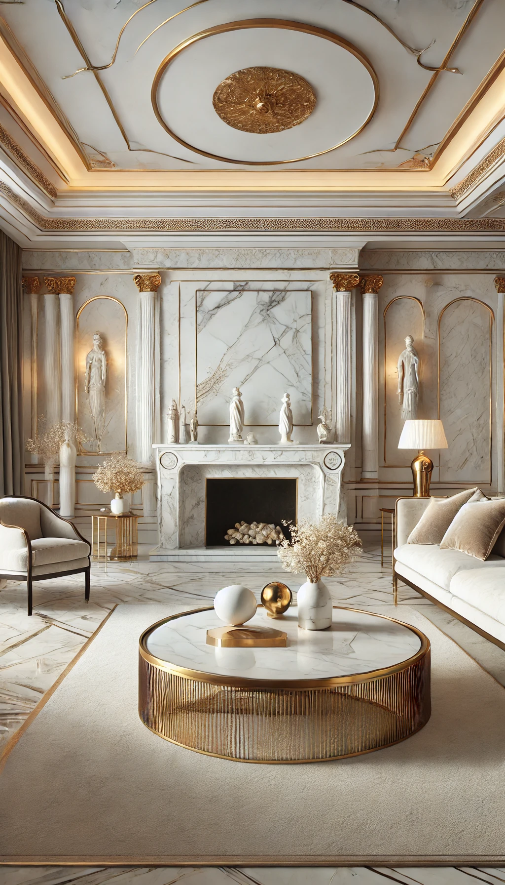 A luxurious living room featuring elegant marble accents
