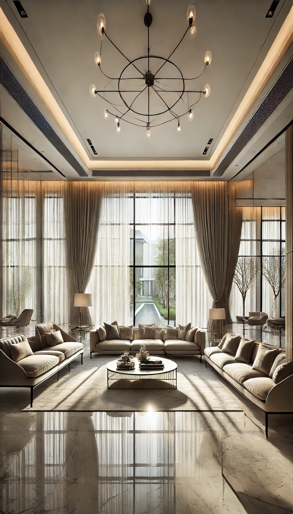 A luxurious living room featuring floor-to-ceiling windows