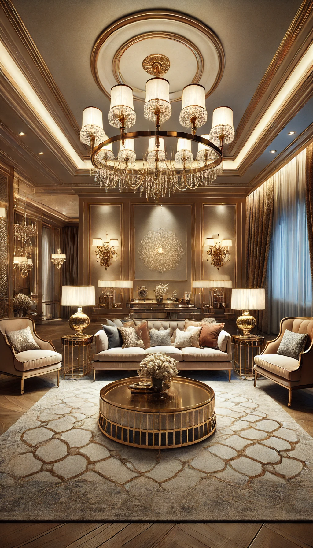 A luxurious living room featuring layered lighting