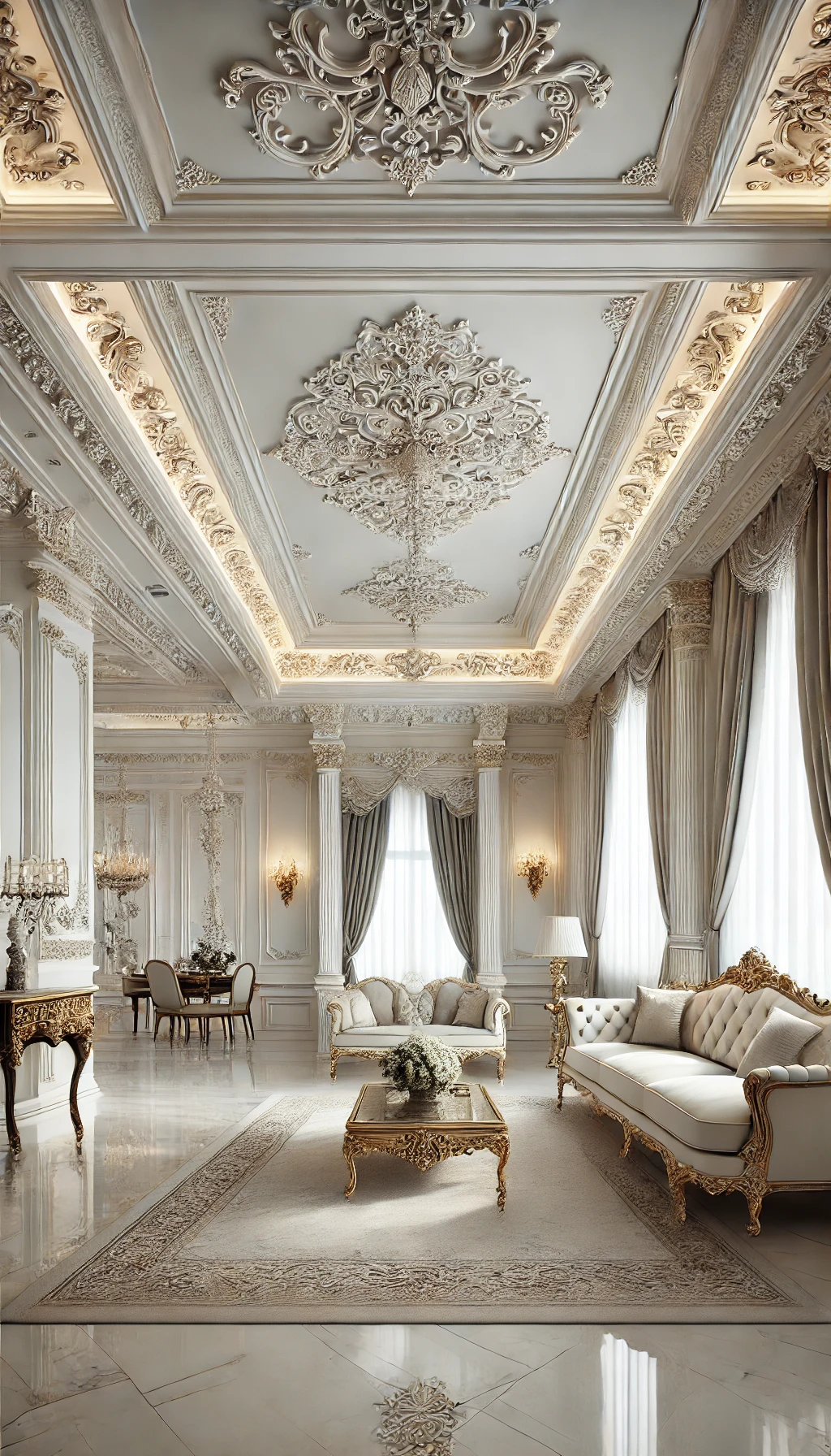 A luxurious living room featuring ornate crown molding