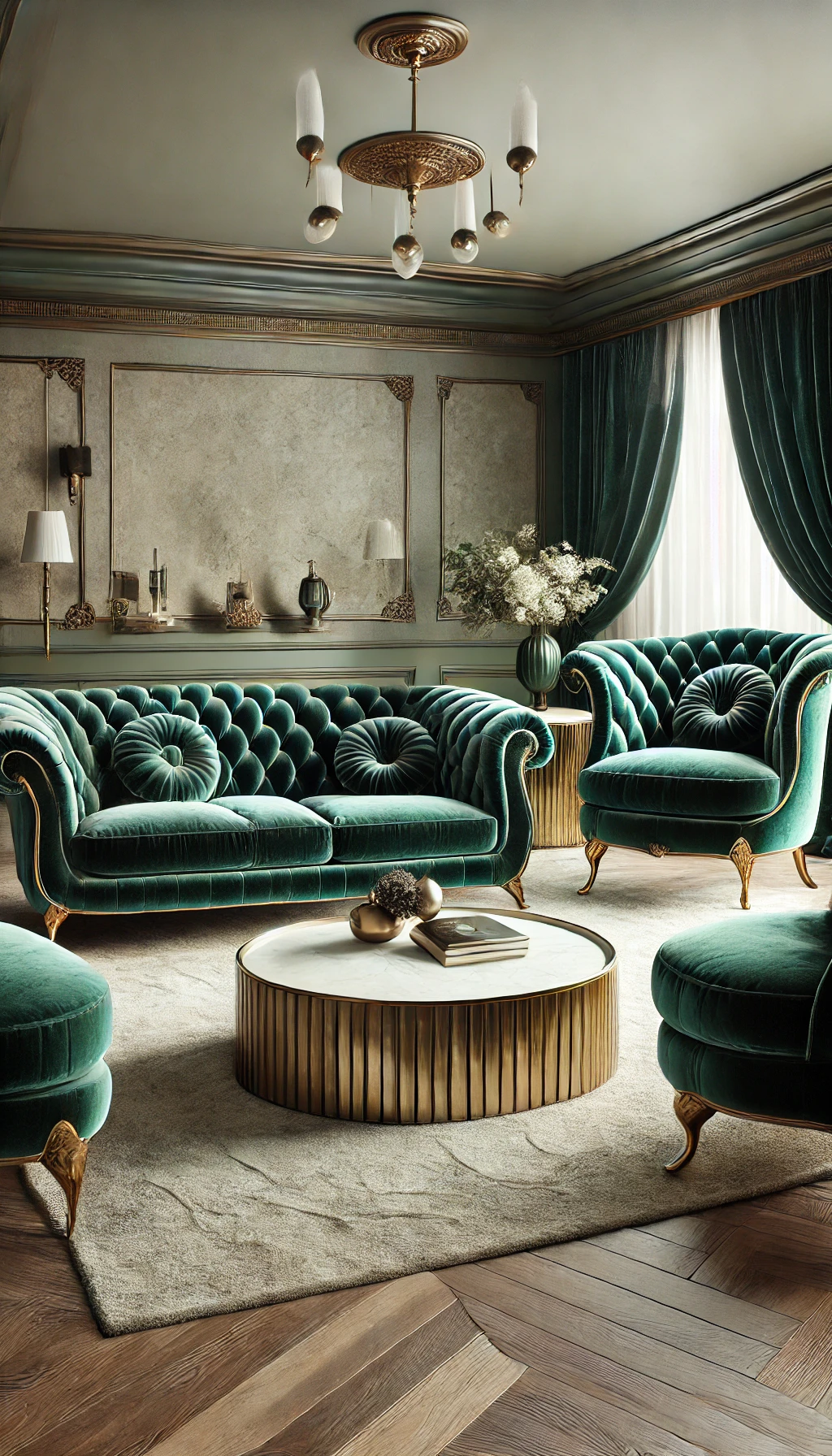 A luxurious living room featuring plush velvet seating