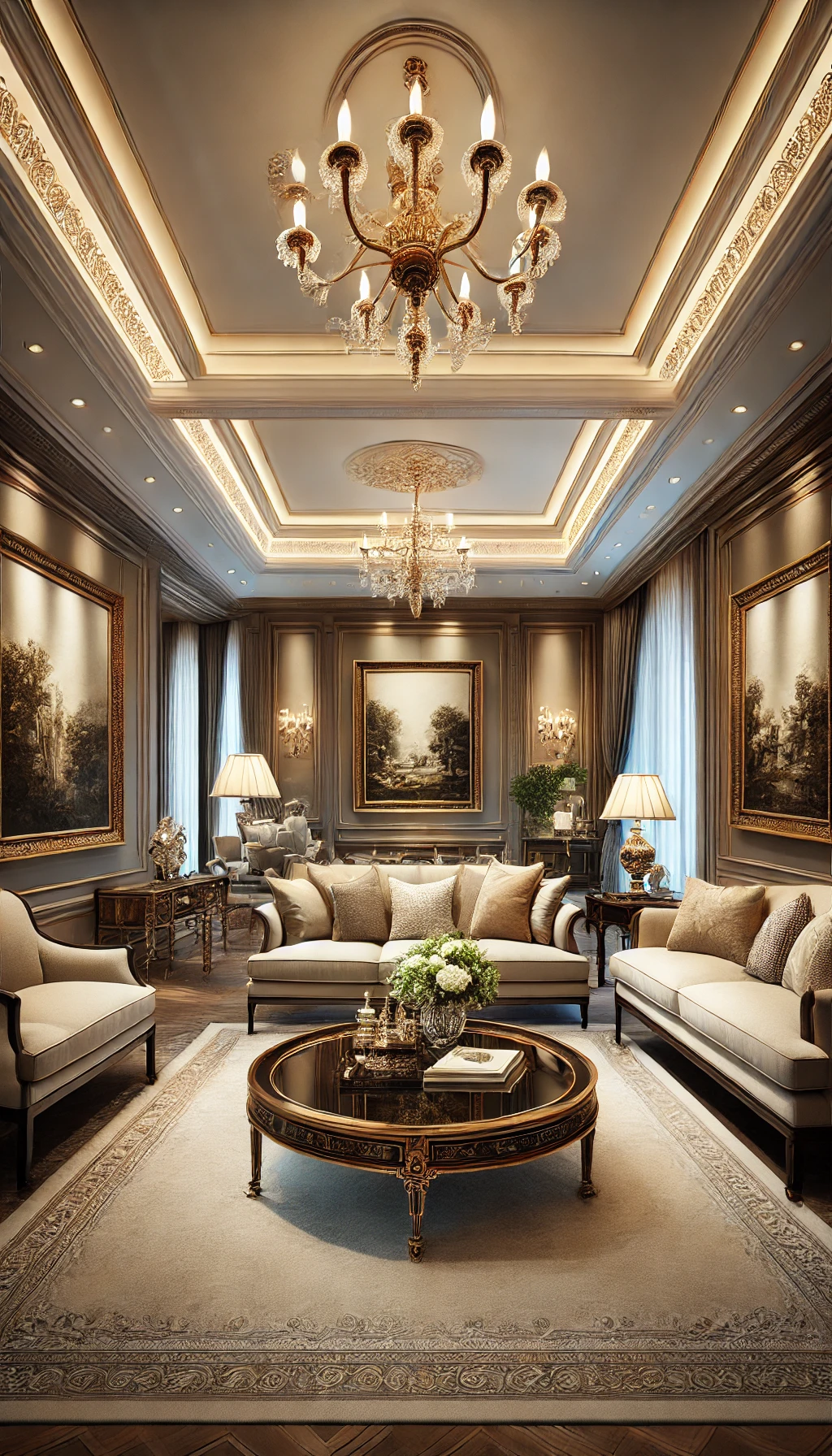 A luxurious living room featuring timeless artwork as a focal point
