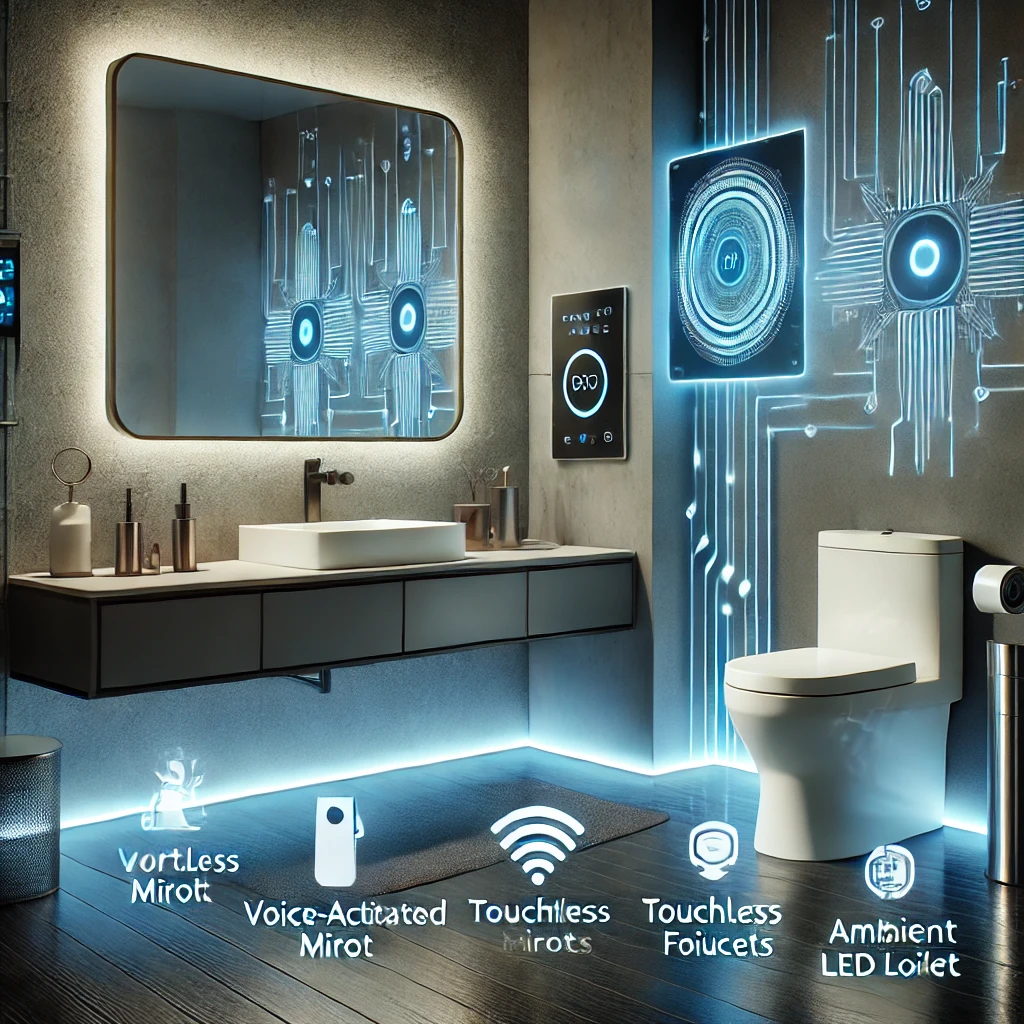 A modern bathroom featuring smart technology, including a voice-activated mirror, touchless faucets, a smart toilet, and ambient LED lighting