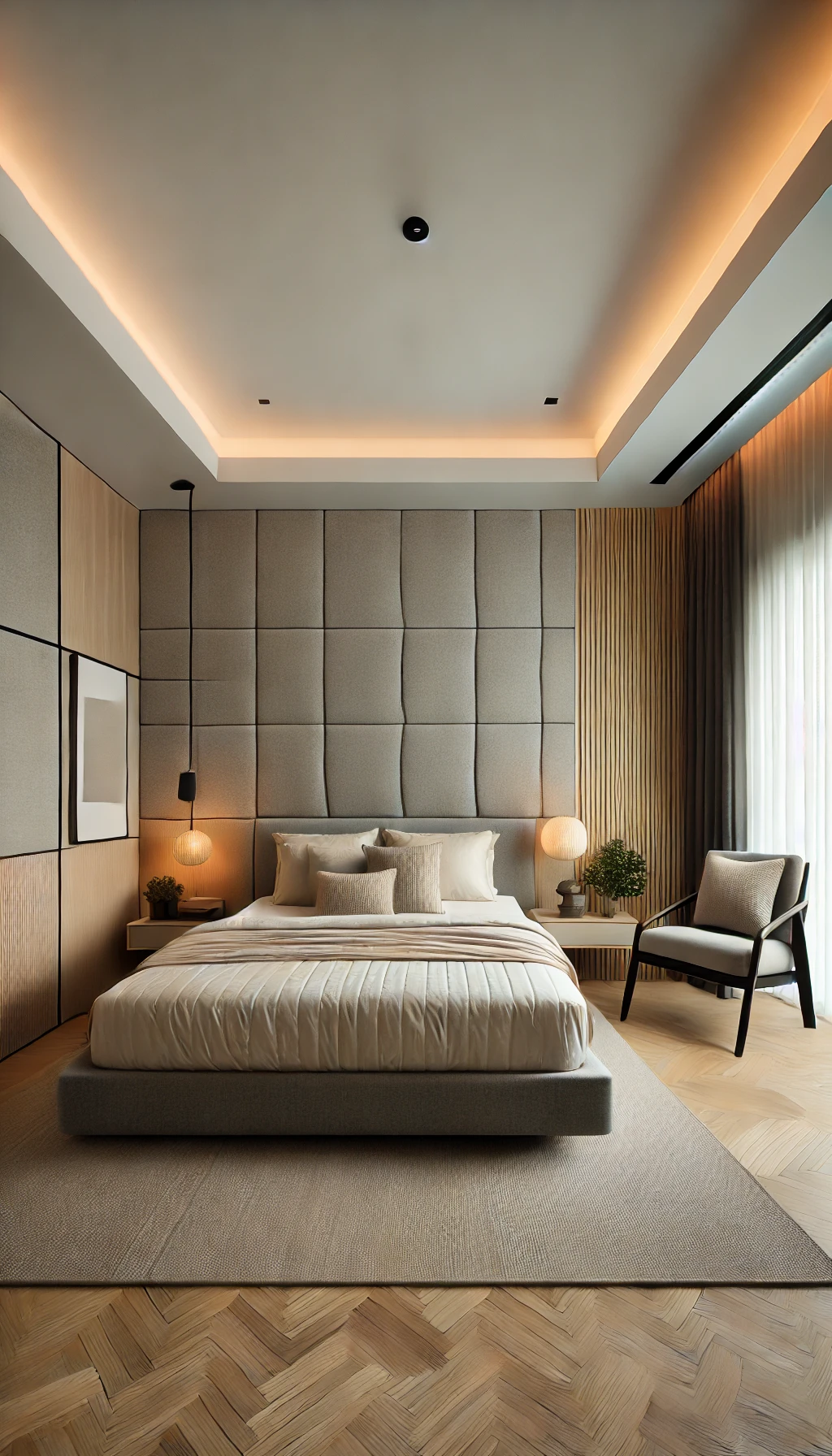 A modern bedroom with DIY fabric wall panels