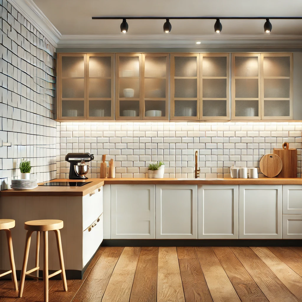 DIY Kitchen Decor A modern kitchen featuring a stylish peel-and-stick backsplash. The backsplash has a white subway tile design, giving a clean and elegant look.