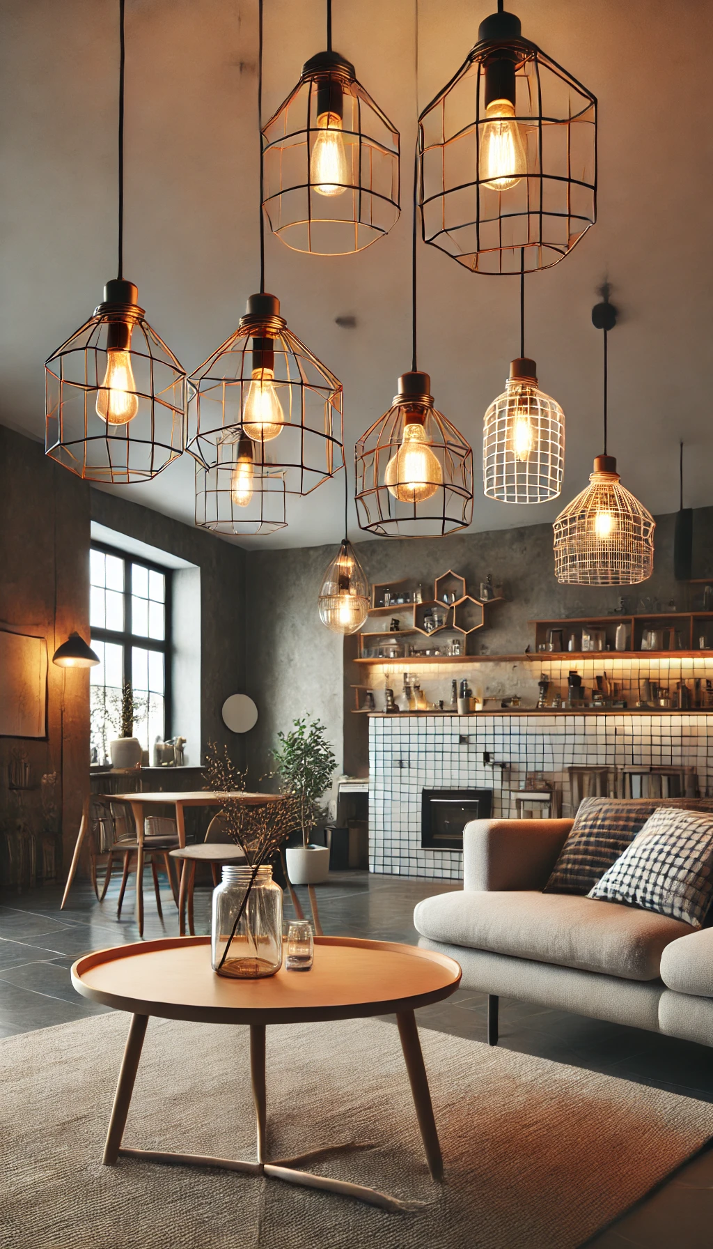 A modern living space featuring a DIY pendant light fixture