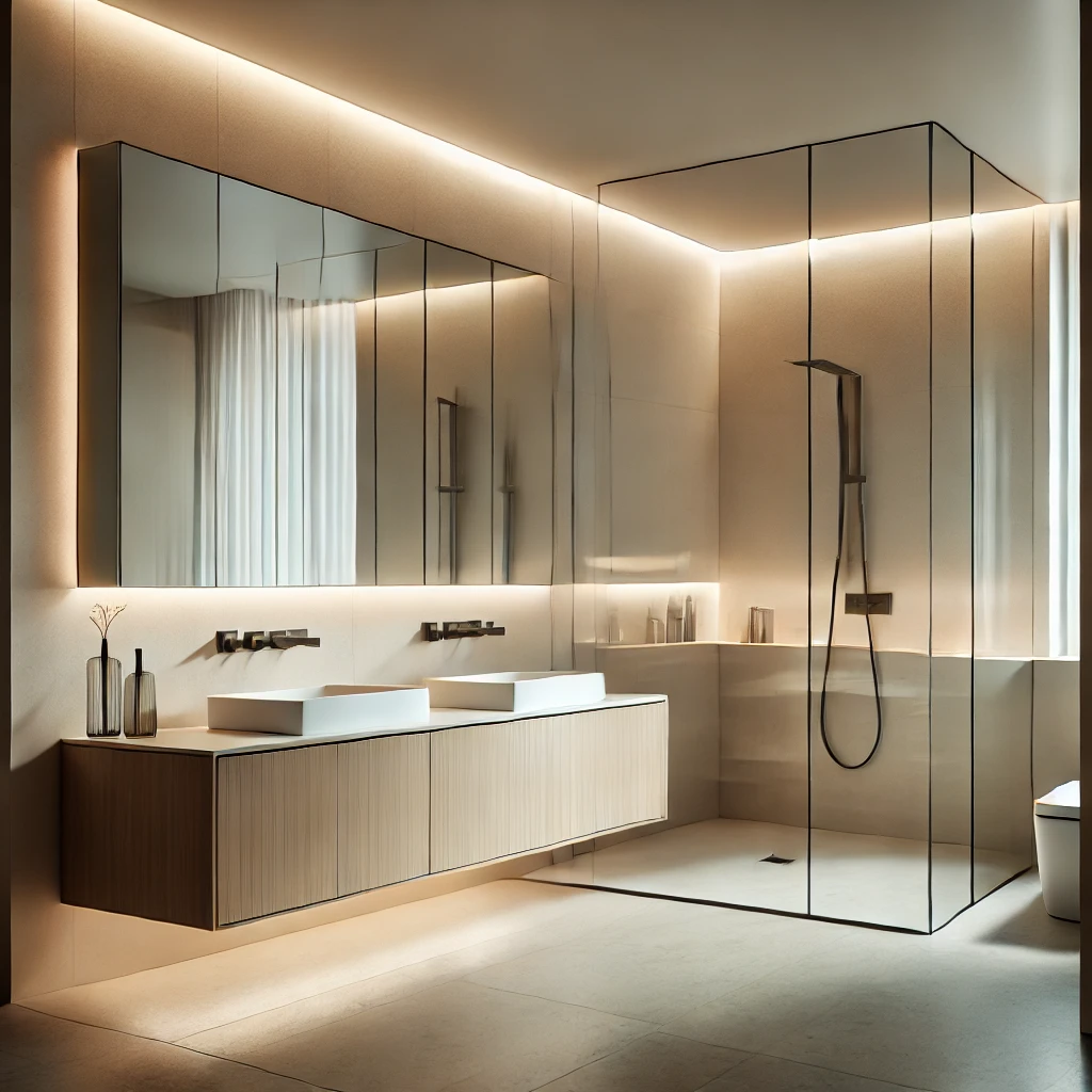 A modern minimalist bathroom featuring a floating vanity, frameless glass shower, and neutral color tones