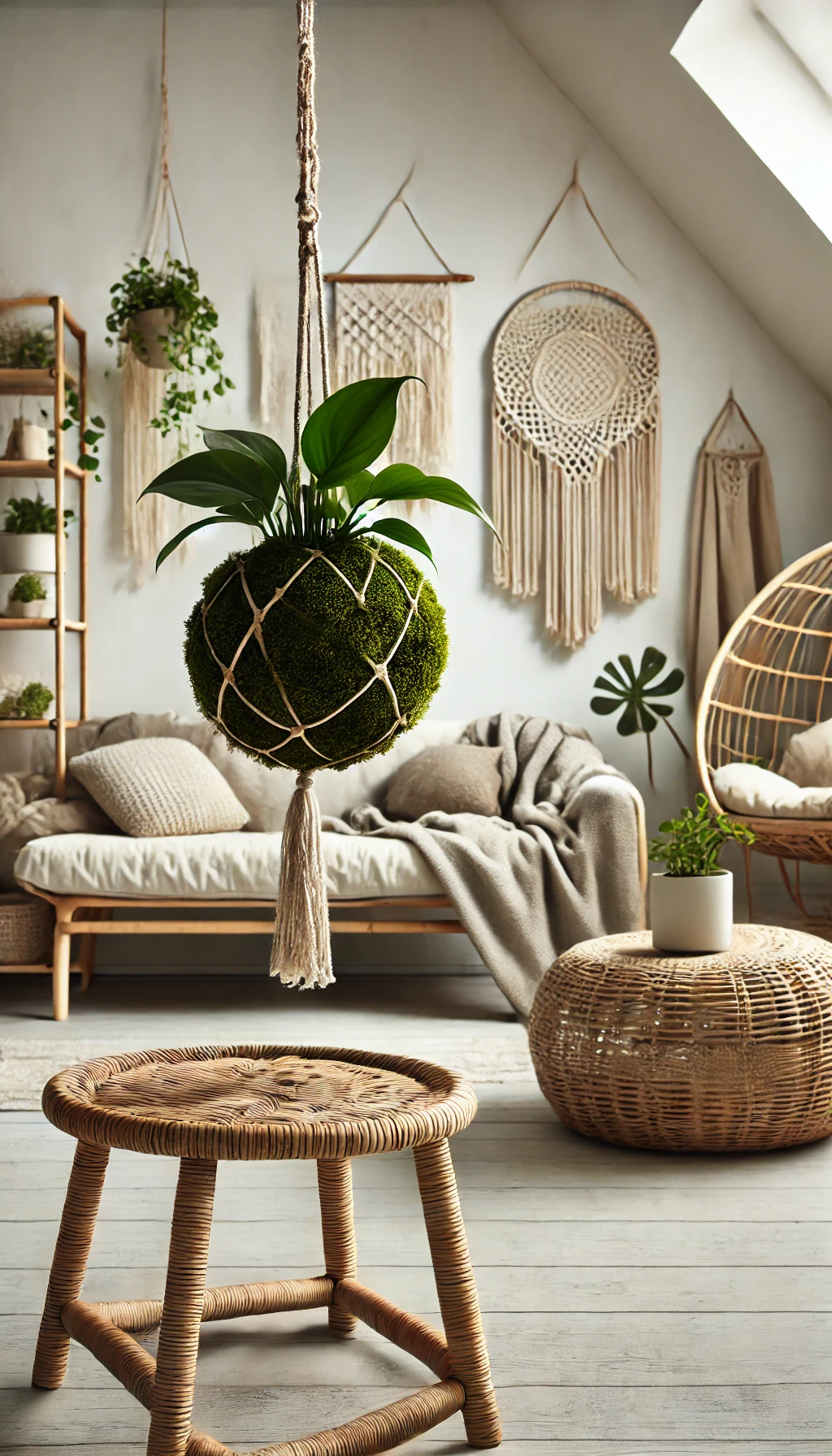 A monochrome DIY home decor setup featuring a kokedama hanging plant in a boho-style interior