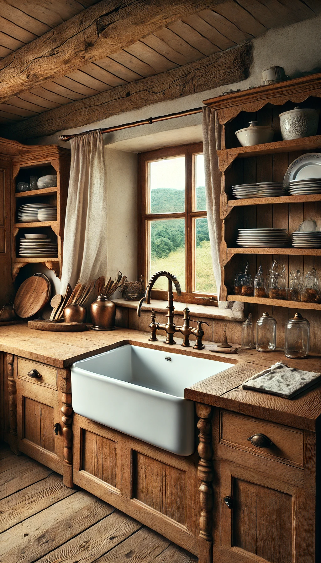 A rustic European kitchen featuring a deep, apron-front farmhouse sink