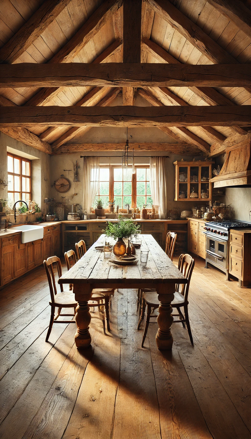 A rustic European kitchen featuring a large wooden dining table at the center