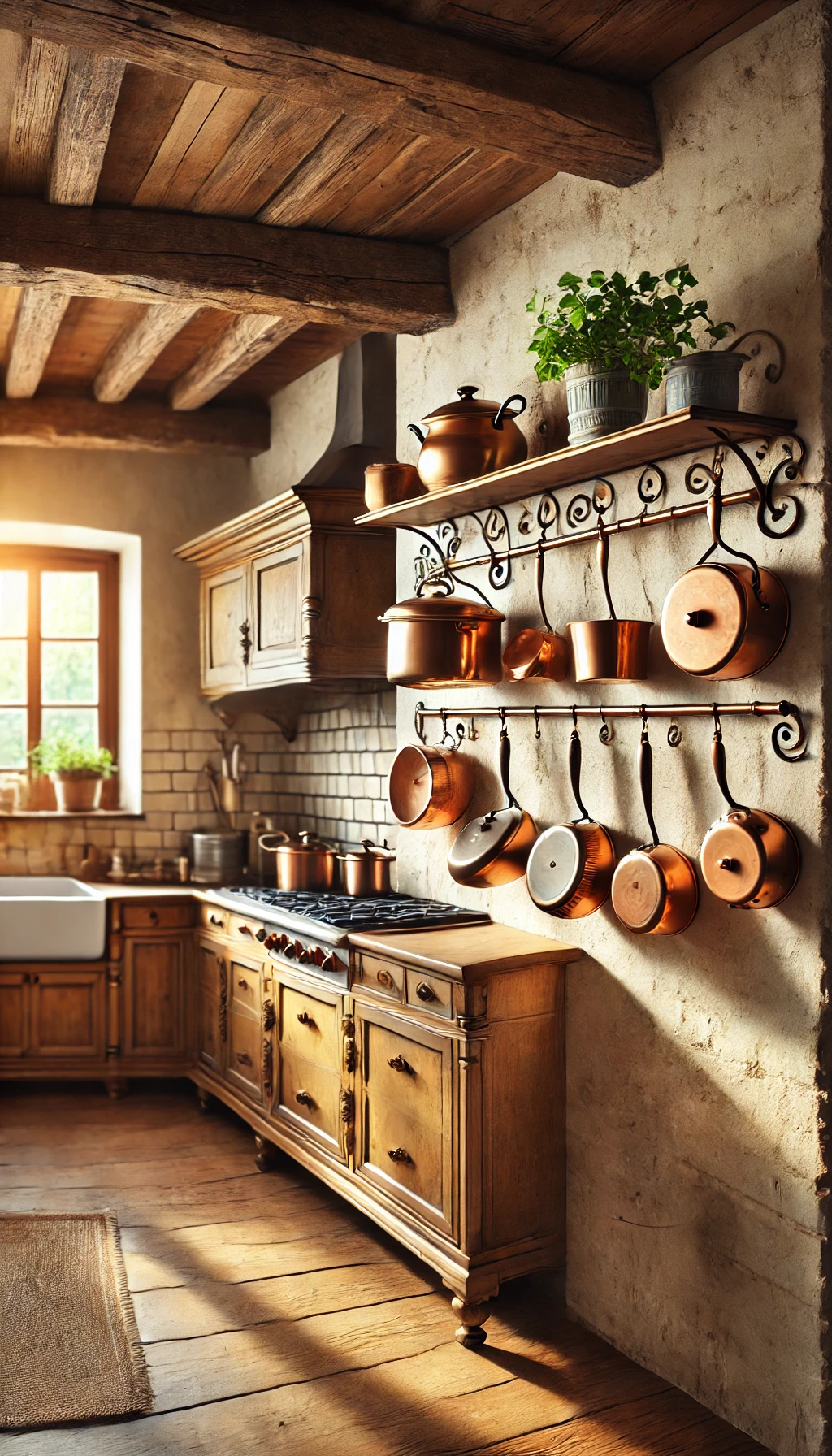 A rustic European kitchen featuring a stylish wall-mounted pot rack