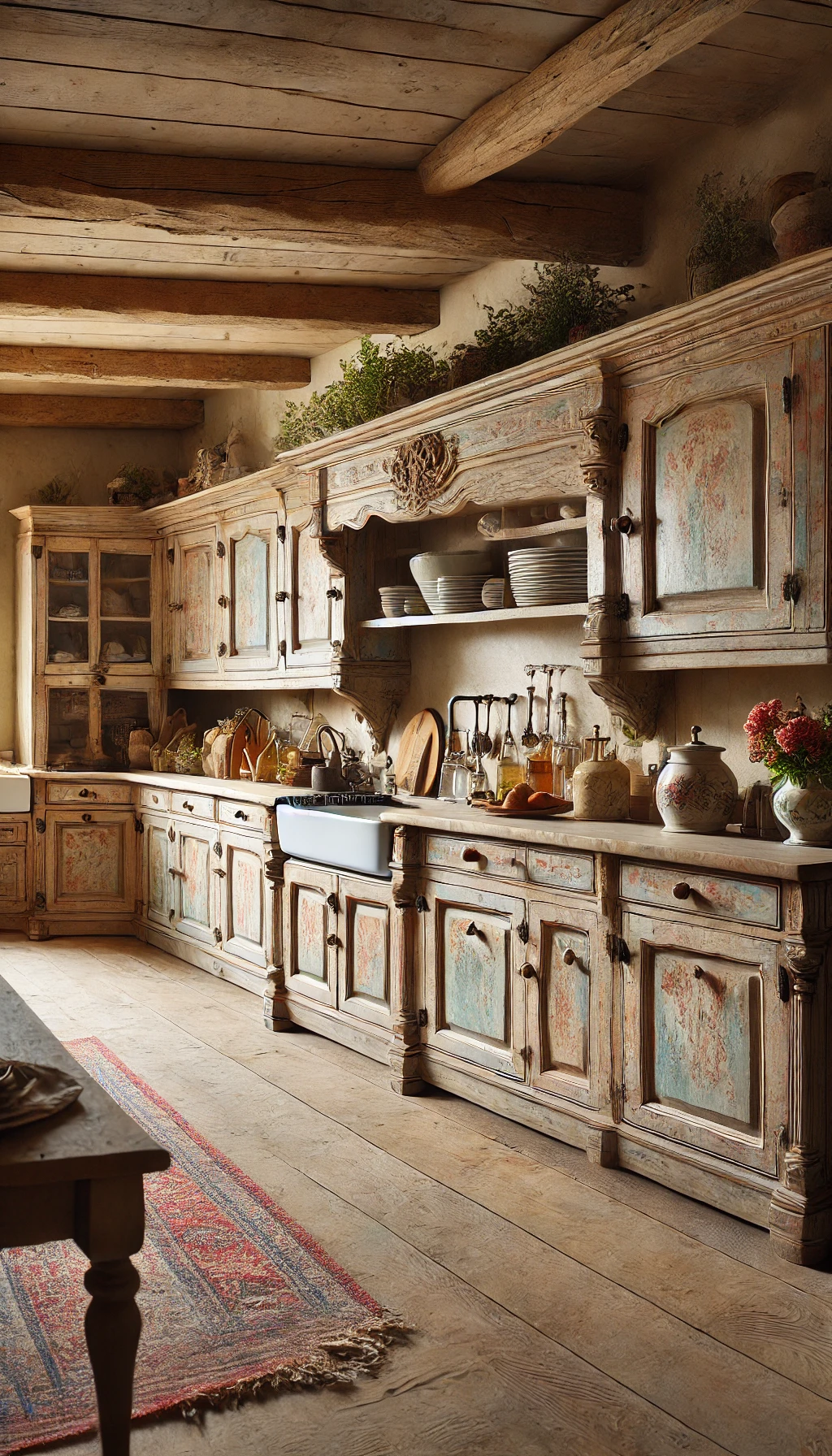 A rustic European kitchen featuring distressed wood cabinetry with a weathered, vintage look
