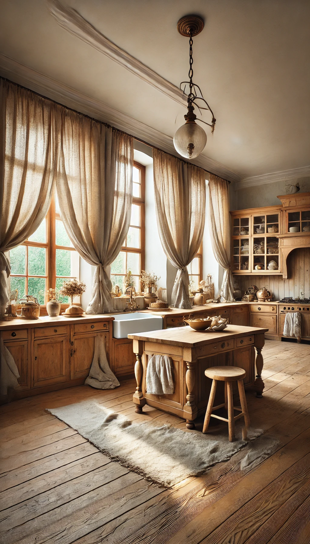 A rustic European kitchen featuring linen curtains on large windows, allowing natural light to brighten the space