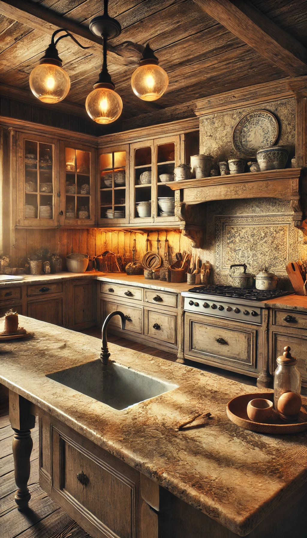 A rustic European kitchen featuring natural stone countertops