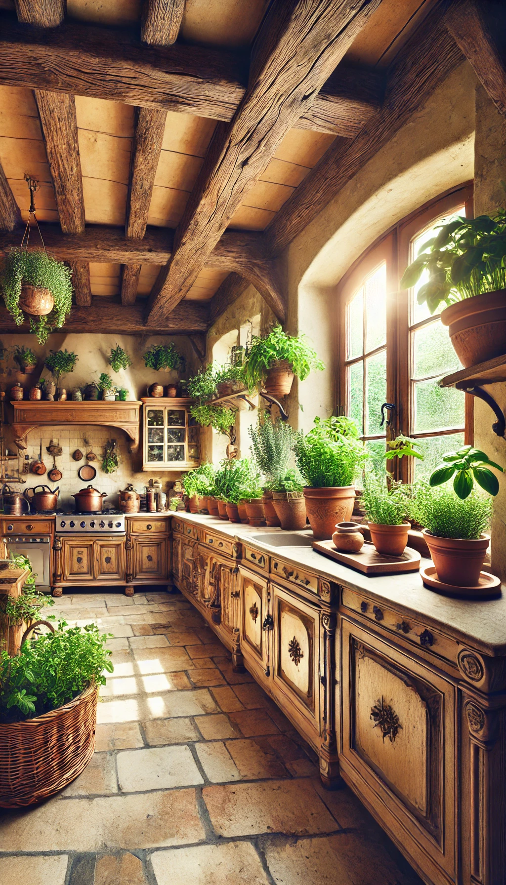 rustic European kitchen design featuring vintage-inspired hardware