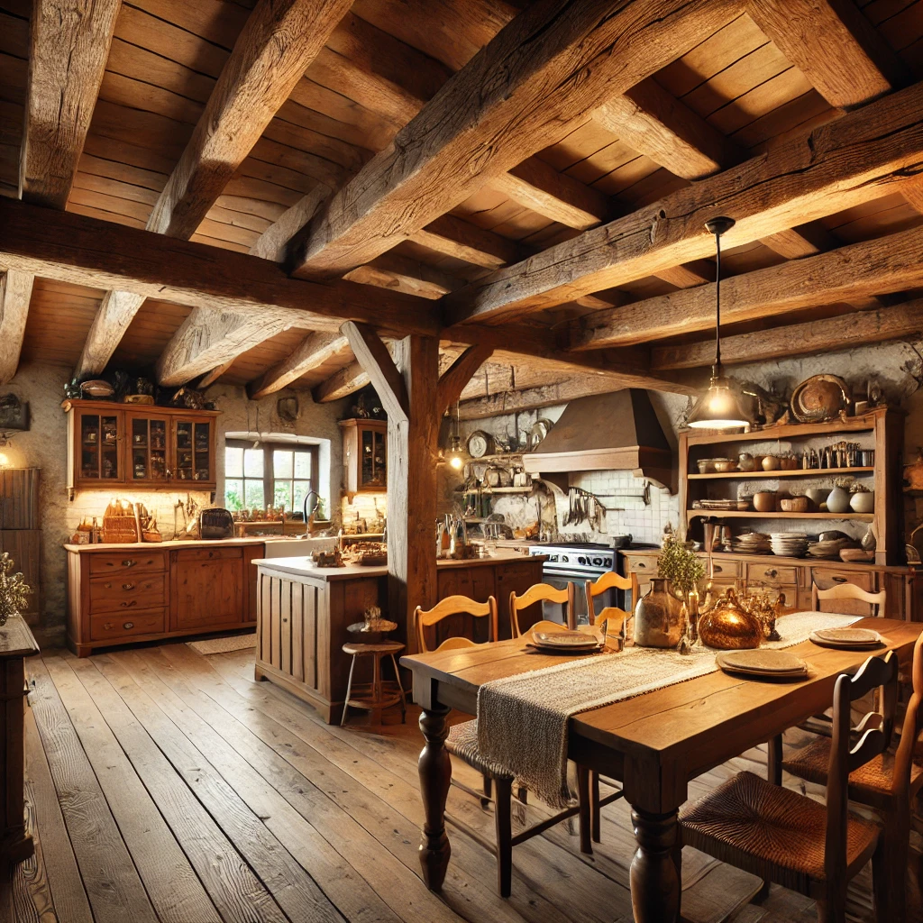 A rustic European kitchen with exposed wooden beams on the ceiling