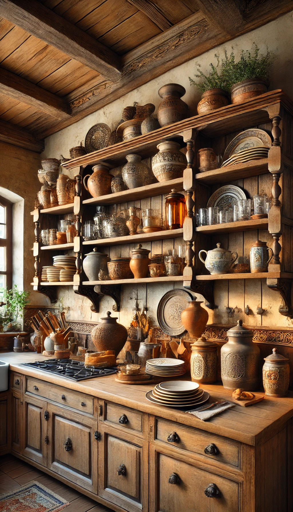 A rustic European kitchen with open wooden shelving displaying vintage dishware, antique glassware, and ceramic jars
