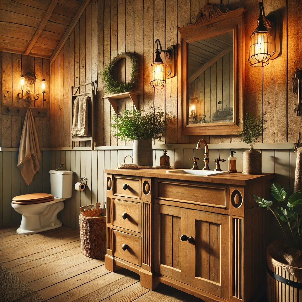 A rustic farmhouse bathroom featuring a wooden vanity, vintage-inspired fixtures, and an earthy color palette