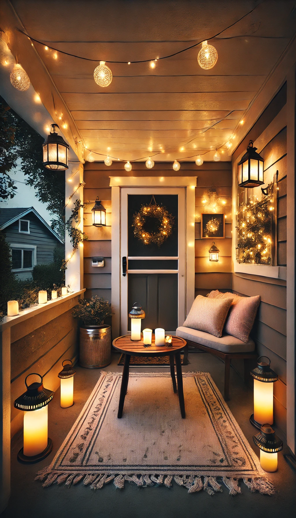 A small front porch at dusk, illuminated by warm string lights, solar-powered lanterns, and wall sconces