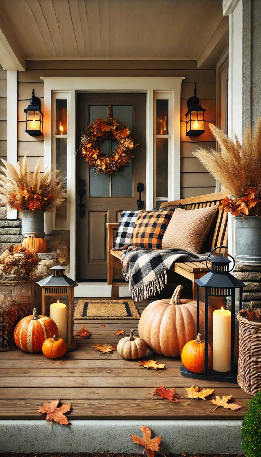 A small front porch decorated for the fall season, featuring pumpkins, rustic lanterns, and a plaid throw on a cozy bench