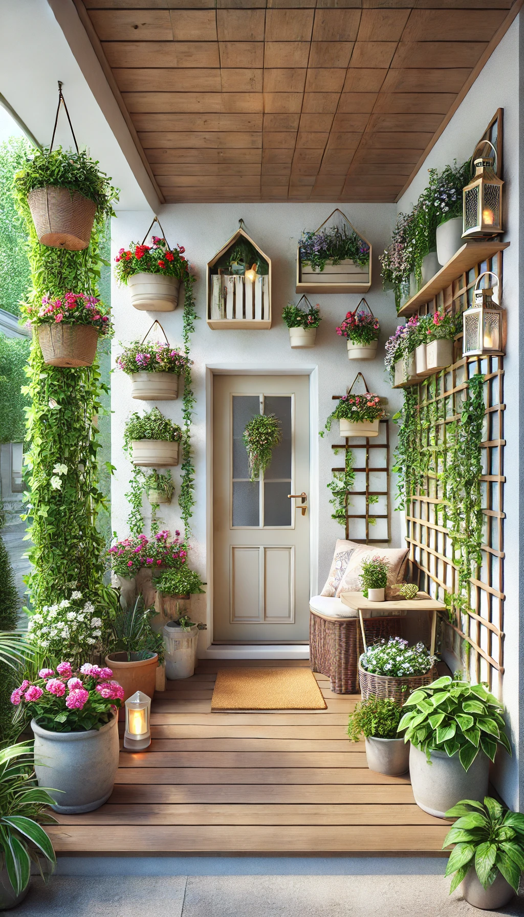 A small front porch with vertical storage solutions, featuring wall-mounted shelves with potted plants, a trellis with climbing vines, and hanging bas