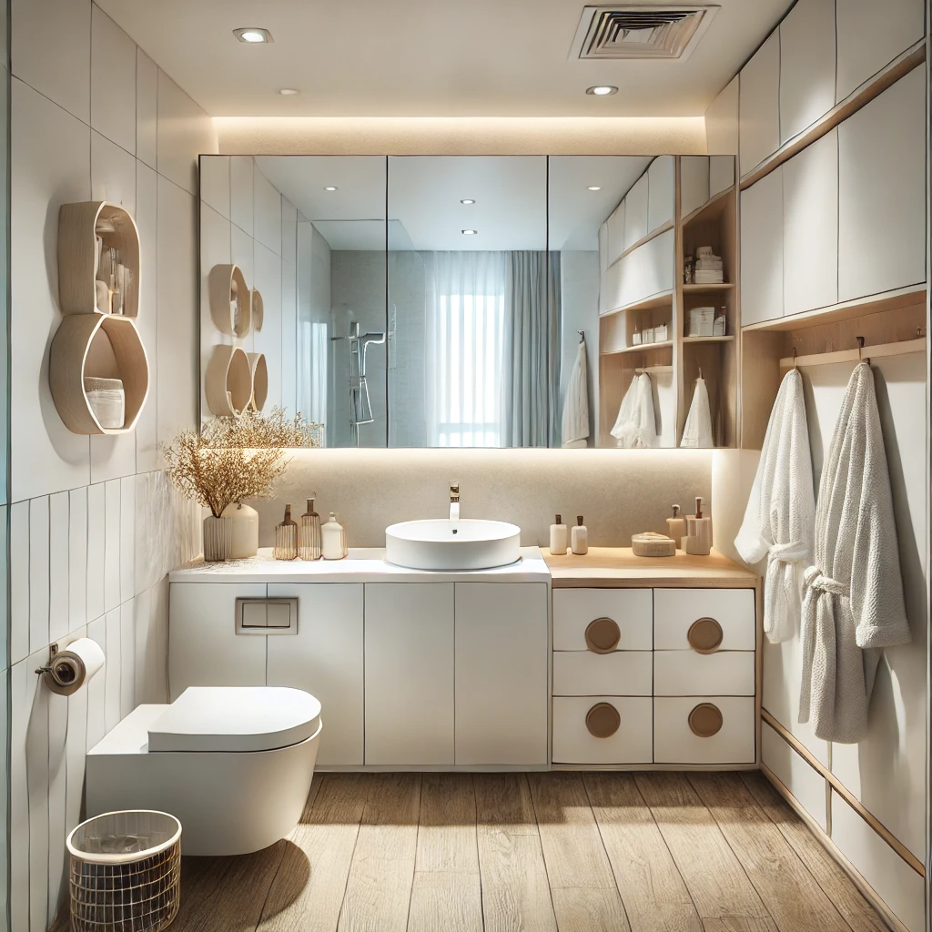 A small yet stylish bathroom featuring space-saving solutions such as a floating vanity, large mirrors, and wall-mounted storage