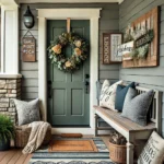 A stylish small front porch with a cohesive color scheme and theme