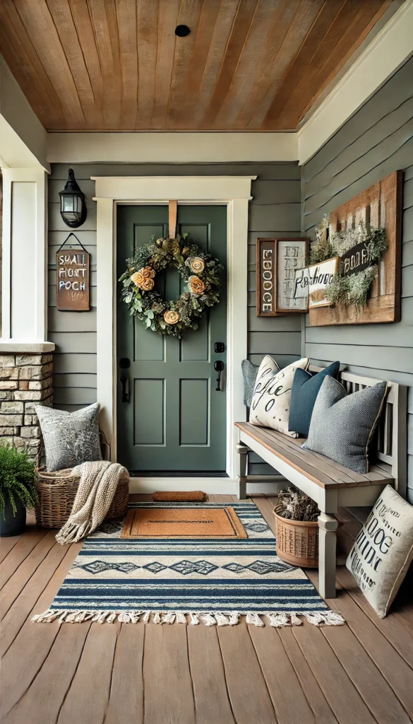 A stylish small front porch with a cohesive color scheme and theme